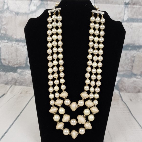 Vintage Jewelry - Vtg Tri Strand Faux Pearl Necklace Japan Texture